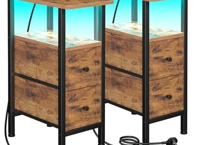 Slim Bedside Table Set of 2 with Charging Station
