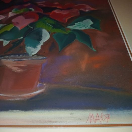 Framed "Still Life" Watercolour."Ponsettia Christmas Plant and Poppies"