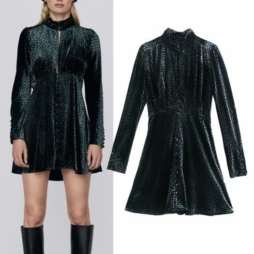 ZARA VELVET PRINTED Short dress with a high neck