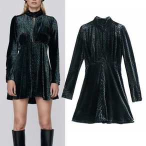 ZARA VELVET PRINTED Short dress with a high neck