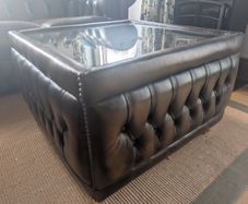 Saxon Leather Buttoned Pouffe Glass-Topped Table