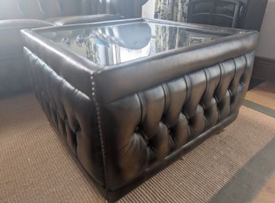 Saxon Leather Buttoned Pouffe Glass-Topped Table