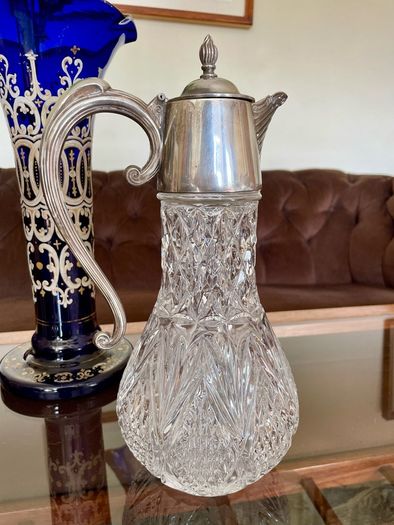 Antique Vintage Silver Plated Crystal Glass Claret Jug Pitcher