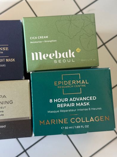 Overnight mask, Marine collagen mask, cica moisturizer, temple spa cleansing balm