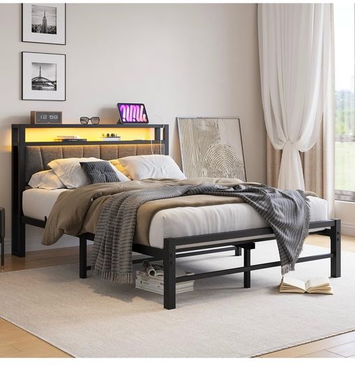 Double Bed Frame with Storage and LED Lights,4ft6 Metal Platform Bed Frame Double Size Bed Base with Charging Station,Mattress Base,Strong Slats Support,Under-bed Storage,Noise Free,Grey