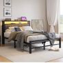 Double Bed Frame with Storage and LED Lights,4ft6 Metal Platform Bed Frame Double Size Bed Base with Charging Station,Mattress Base,Strong Slats Support,Under-bed Storage,Noise Free,Grey Image 8