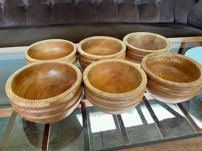 Rare Set 6 Rustic Irish Wood Turned Beehive Style Bowls Retos Shannon 1970s