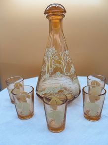 Vintage Amber Glass Liqueur Set Decanter and 5 Glasses