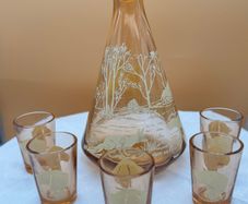 Vintage Amber Glass Liqueur Set Decanter and 5 Glasses