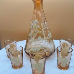 Vintage Amber Glass Liqueur Set Decanter and 5 Glasses