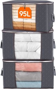 95L Clothes Storage Bags Large Storage Box With Lid Packing Boxes for Moving House With Reinforced Handle Thick Fabric Clear Window for Clothes Duvet Blankets Bedding, 3 Pack, Grey