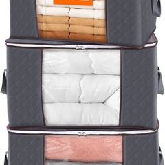 95L Clothes Storage Bags Large Storage Box With Lid Packing Boxes for Moving House With Reinforced Handle Thick Fabric Clear Window for Clothes Duvet Blankets Bedding, 3 Pack, Grey