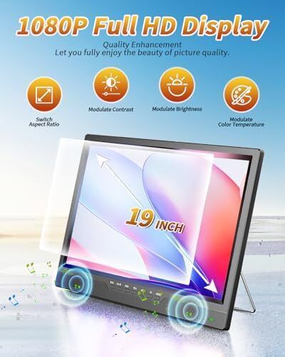 19 Inch Portable TV with Antenna, 1080P Small TV with Rechargeable Battery, HDMI AV Input, USB Port, Outdoor with Built-in Stand, 12V tv for campervan/bedroom/kitchen/camping/motorhomes
