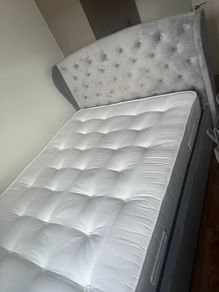 Grey Velvet King Size Ottoman Bed with Winged Chesterfield Headboard - Safina