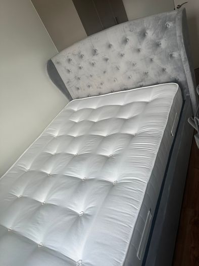 Grey Velvet King Size Ottoman Bed with Winged Chesterfield Headboard - Safina