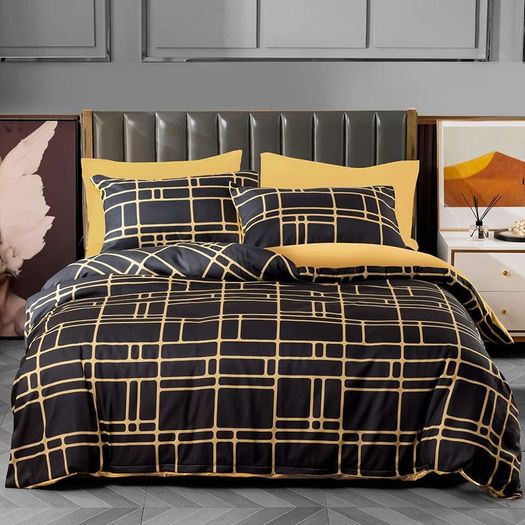 Double Duvet Set Black & Gold Doublesided Bedding Set 3 PCS With Pillowcases Ultra Soft Anti Allergic Non Iron Luxury Microfiber (Black, Double (200 x 200 cm))