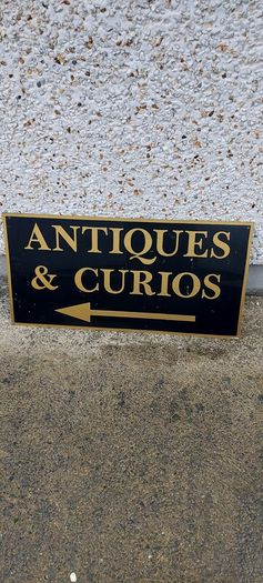 Antiques & Curios,hard plastic sign perspex. ,unusual and lovely colours,,32 inches length, 16 inches height,,buyer collects, see pictures for condition, used condition few marks nicks