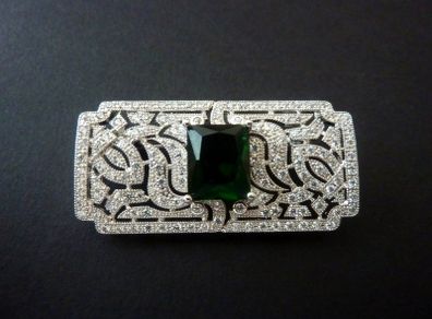 Art Deco Vintage Style Emerald Stone Silver Brooch Pin