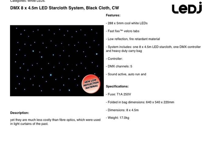 Ledj Starcloth LED Star curtain Drape 8m x 4.5m (26ft x 15ft) Dmx control & Bag