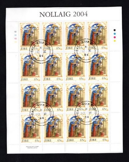 2004 Ireland Christmas Commemorative Stamp Sheetlet Plate 1B1B1B1B Fine Used with Dublin cancel of 10th November 2004 (First day of issued) on envelope extract.