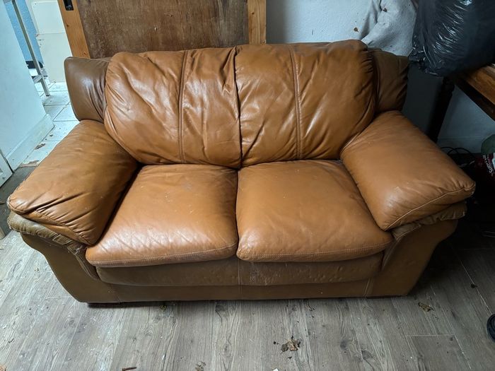 tan leather couch / sofa