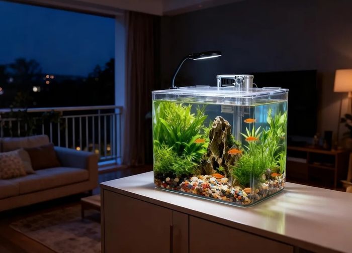 13L Starter Fish Tank Kit, 25  25  22CM Mini Plastic Aquarium with LED Light & USB Filter, DIY Aquascape for Small Betta Fish