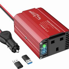 300W Car Power Inverter DC 12V to 240V / 230V AC Modified Sine Wave Voltage Converter with Dual USB Ports and UK Socket for Charge Your Laptop,For iPhone, iPad, Tablet, Aluminium Case