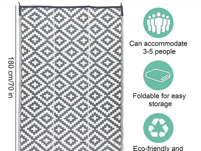 Outdoor Rug, 180 x 120cm Waterproof Picnic Blanket Black Reversible Floor Mat Recycled UV Resistant Rugs Camping Woven Plastic Straw Mats Indoor Rug for Garden RV Patio Deck Balcony BBQ Beach