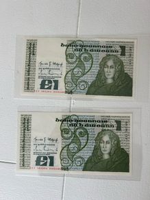 2x UNC Irish old  punt banknote 1 pound consecutive serial nr 1985