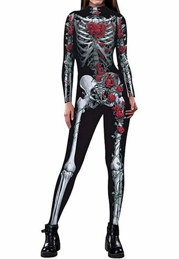 Women Halloween Costume 3D Print Long Sleeve Skinny Skeleton Catsuit Cosplay Jumpsuit (MULTIPLE STYLES)