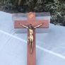 16" Mid Century Brass Christ on Mahogany cross Image 2
