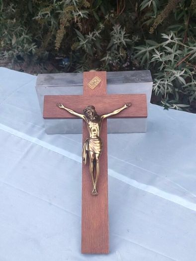 16" Mid Century Brass Christ on Mahogany cross