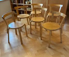 Alvar Aalto chairs. Six model 68 by Artek. Mid century furniture.