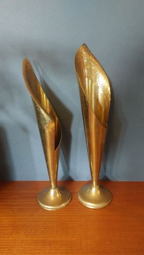 A Fabulous Pair of Rare Antique/Vintage Brass Arts & Crafts Style "Calla Lily" or "Trumpet" Vases with Hand-Beaten Repousse Finish  - Priced as a Pair, But Can be Sold Separately