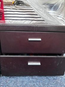 Bedside lockers (dark wood with faux leather top)