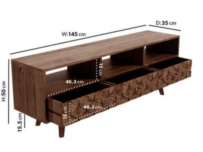 Solid Wood TV Stand with Geometric Carved Drawers