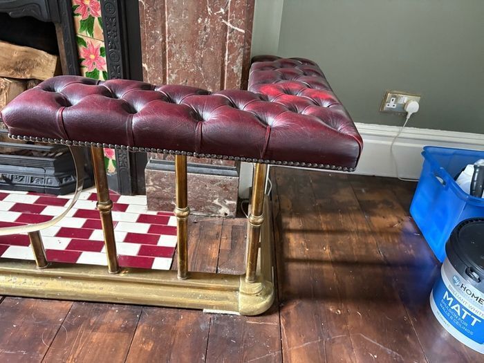 Vintage Chesterfield fireplace fender seat - brass and red leather