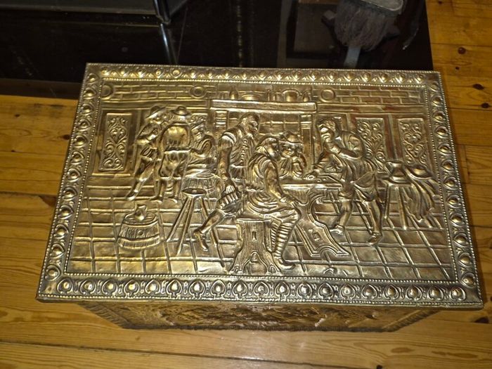 Vintage Embossed Brass Coal, Turf, Wood Storage Chest, Tavern Scene