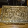 Vintage Embossed Brass Coal, Turf, Wood Storage Chest, Tavern Scene Image 4