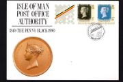 1990 Isle of Man Pre-printed stamped card for International Philatelic Exhibitino Belgica 90 with images of 1p Penny Black and 37p Twopenny Blue, 1840 with show cancel