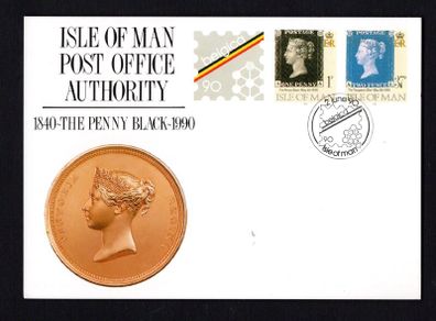 1990 Isle of Man Pre-printed stamped card for International Philatelic Exhibitino Belgica 90 with images of 1p Penny Black and 37p Twopenny Blue, 1840 with show cancel