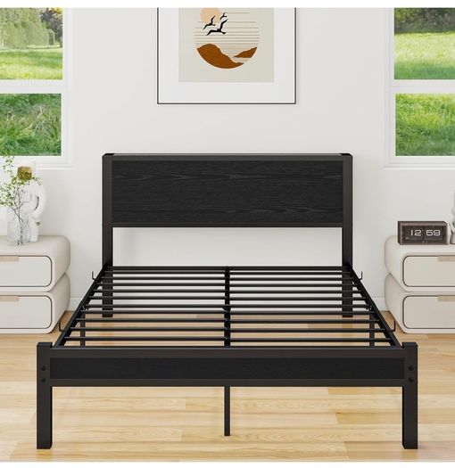 Double Bed Frame with Wooden Storage Shelf Headboard, Metal Platform Bed Frame Double Bed, No Box Spring Needed, Enhanced Support, Black