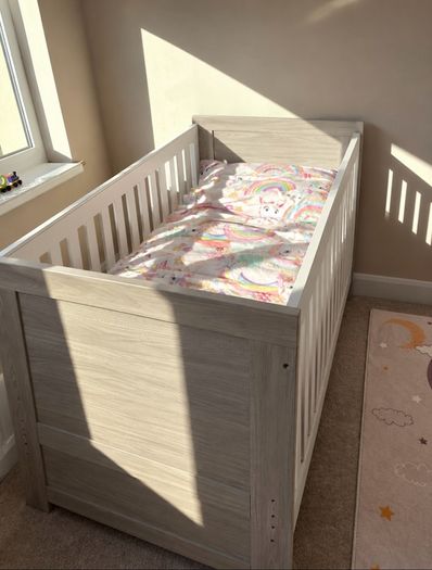 Obaby Nika Cot Bed in Grey Wash/White & Reylon Mattress