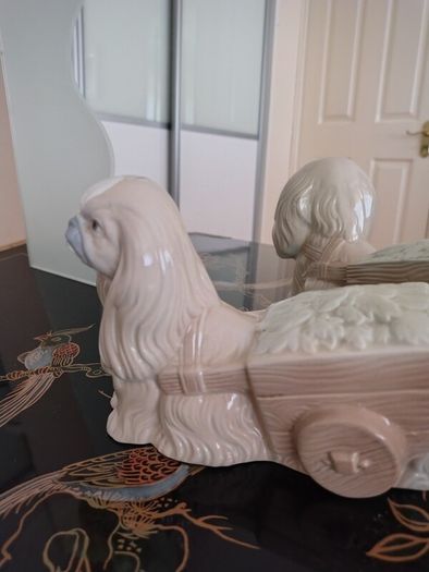 Vintage Pekinkese Dog and Flower Cart Figurine by Porceval.