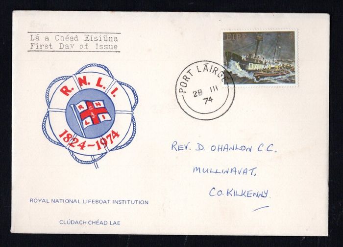 1974 Ireland 150th Anniversary of the Royal National Lifeboat Institution (RNLI) Commemorative Stamp First Day Cover (FDC) with Port Lairge (Waterford) steele cancel