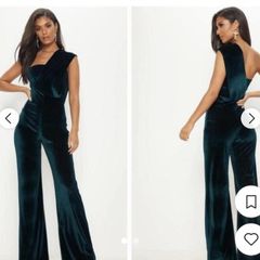 Pretty Little Thing green velvet jumpsuit