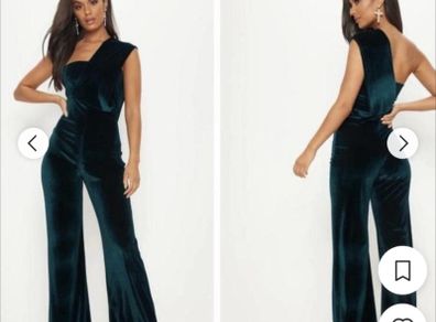 Pretty Little Thing green velvet jumpsuit
