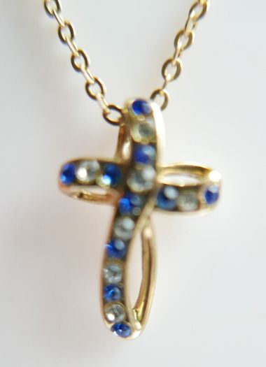 Vintage Gold Plated and Blue Austrian Crystal Cross Necklace length 16"