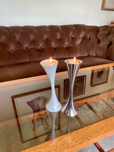 Vintage 20th Century Heavy Asymmetrical Stainless Steel and White Enamel Pair Of Candle Holders