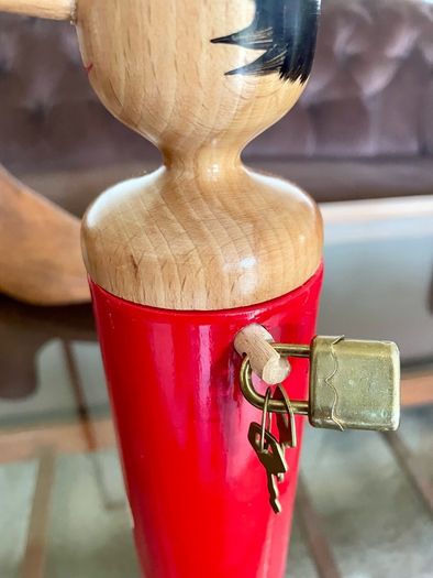 Vintage Tall Wooden Pinocchio Coin Bank with Lock and Keys Red Hand Painted Italy 29 cm